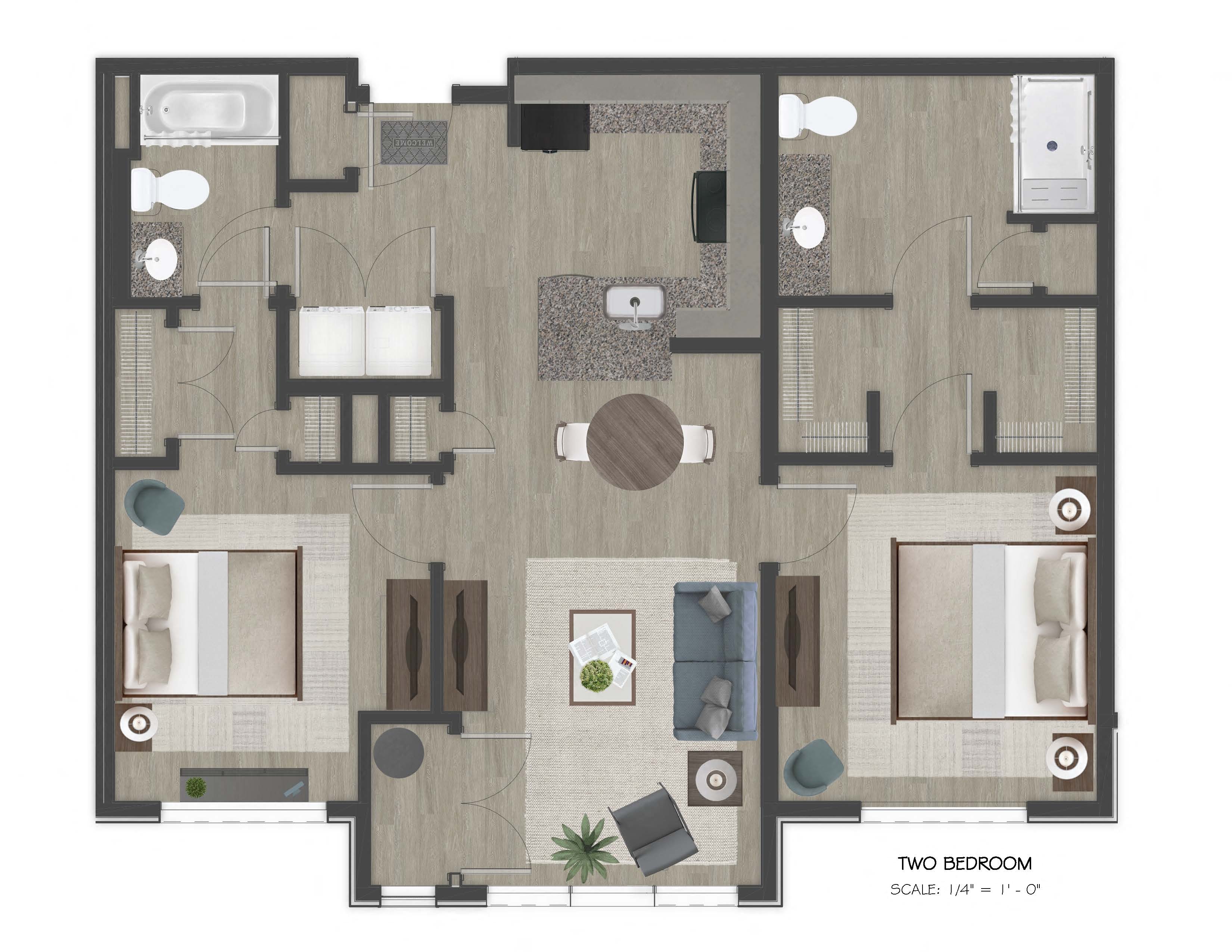 Floor plan for 2 beds, 2 baths, 961 sqft